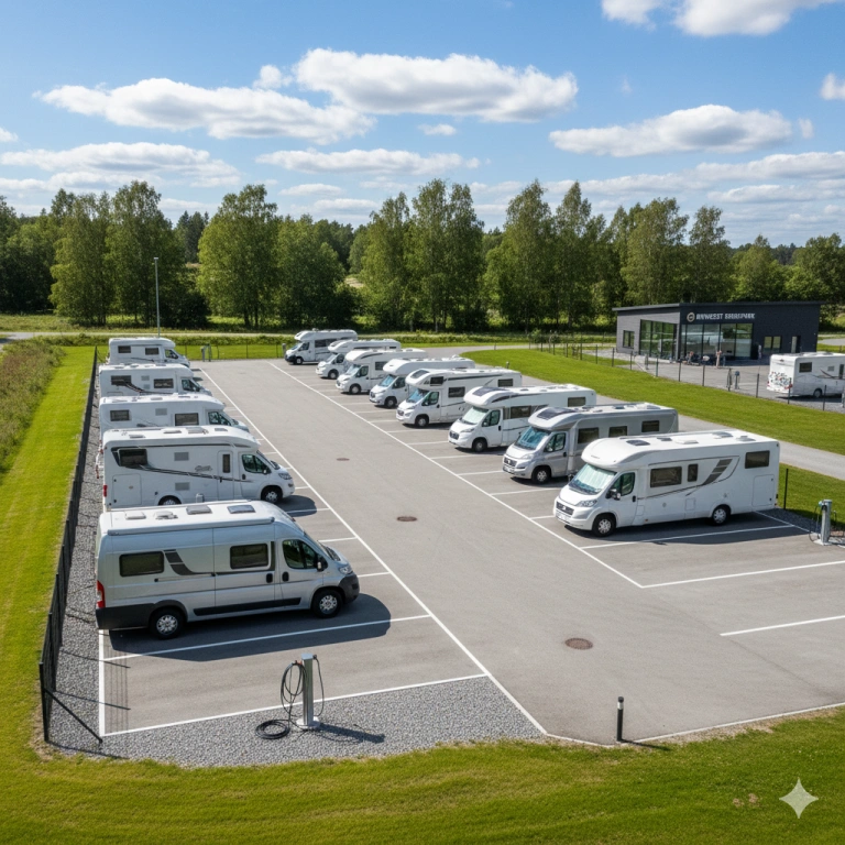 Bobilparkering ute i solskinn